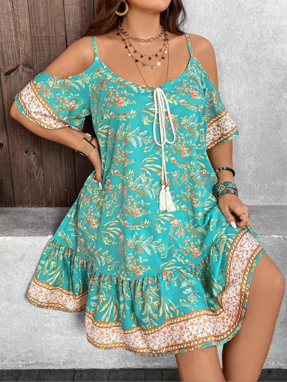 Cold-Shoulder Teal Floral Boho Dress